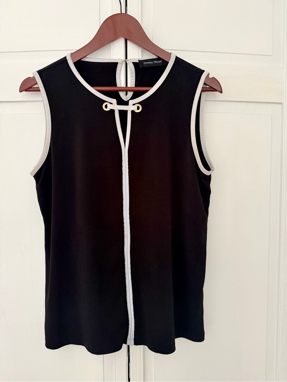 Ivanka Trump Black Sleeveless Tank with White Trim and Gold Loop